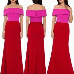 Betsy & Adam Two Toned off the shoulder crepe gown pink & red size 8